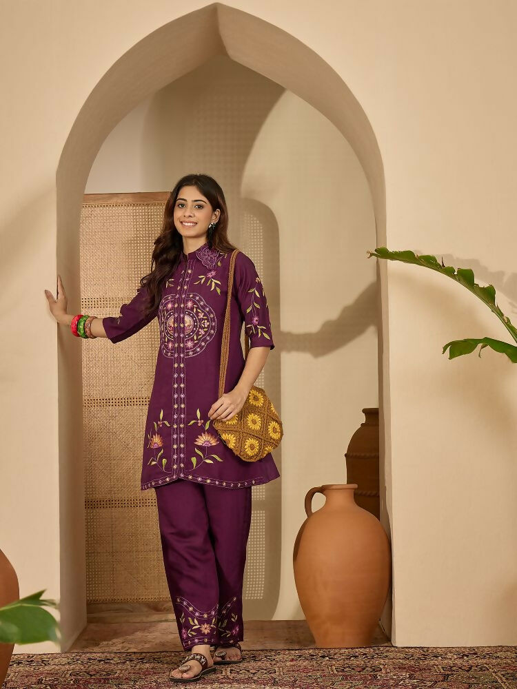 Joban Fashion Women Purple Roman Silk Embroidered Stitched Kurta Set
