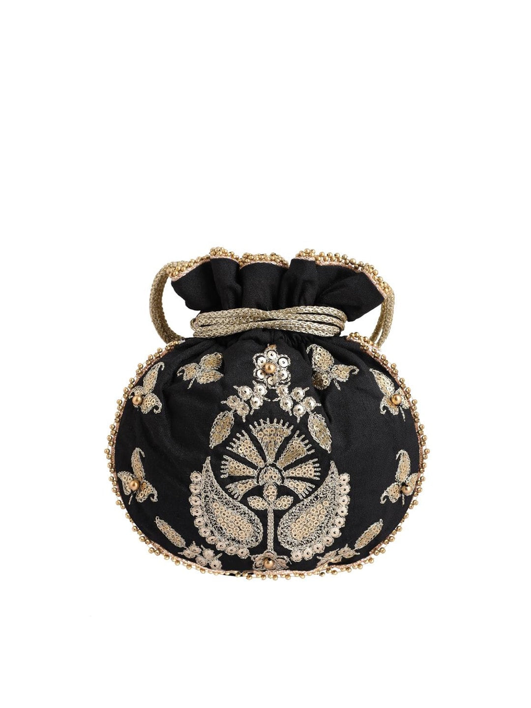 Masq Black & Gold-Toned Embellished Embroidered Potli Clutch 