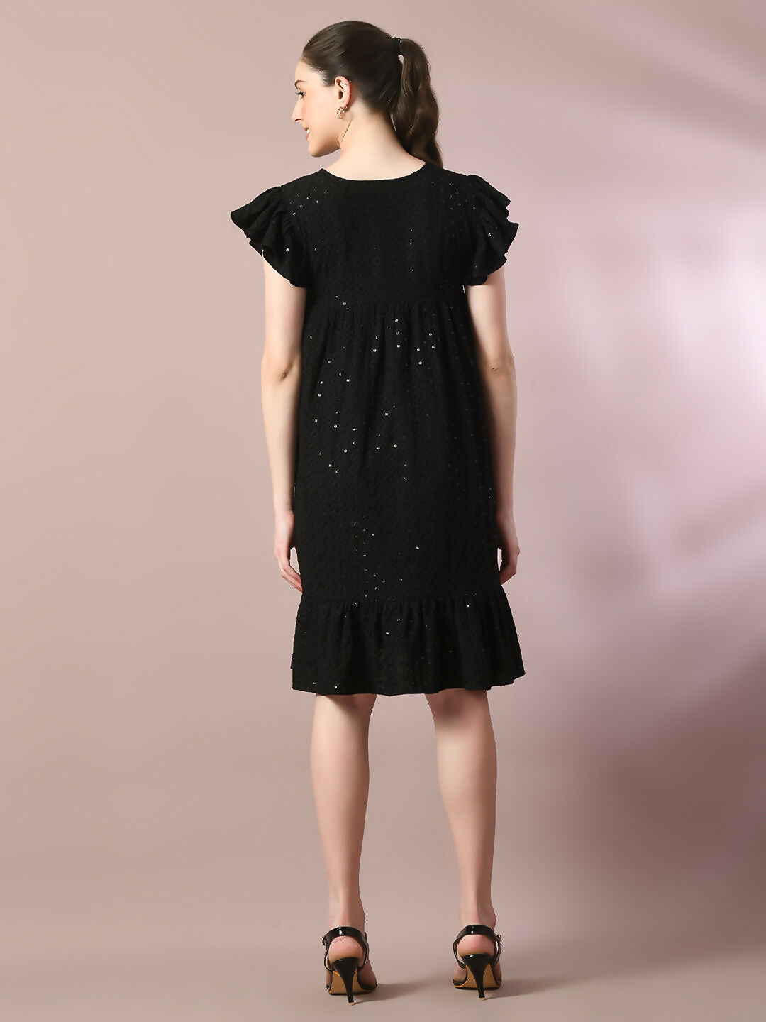 Myshka Women's Black Embroidered Cotton Round Neck A-Line Party Dress