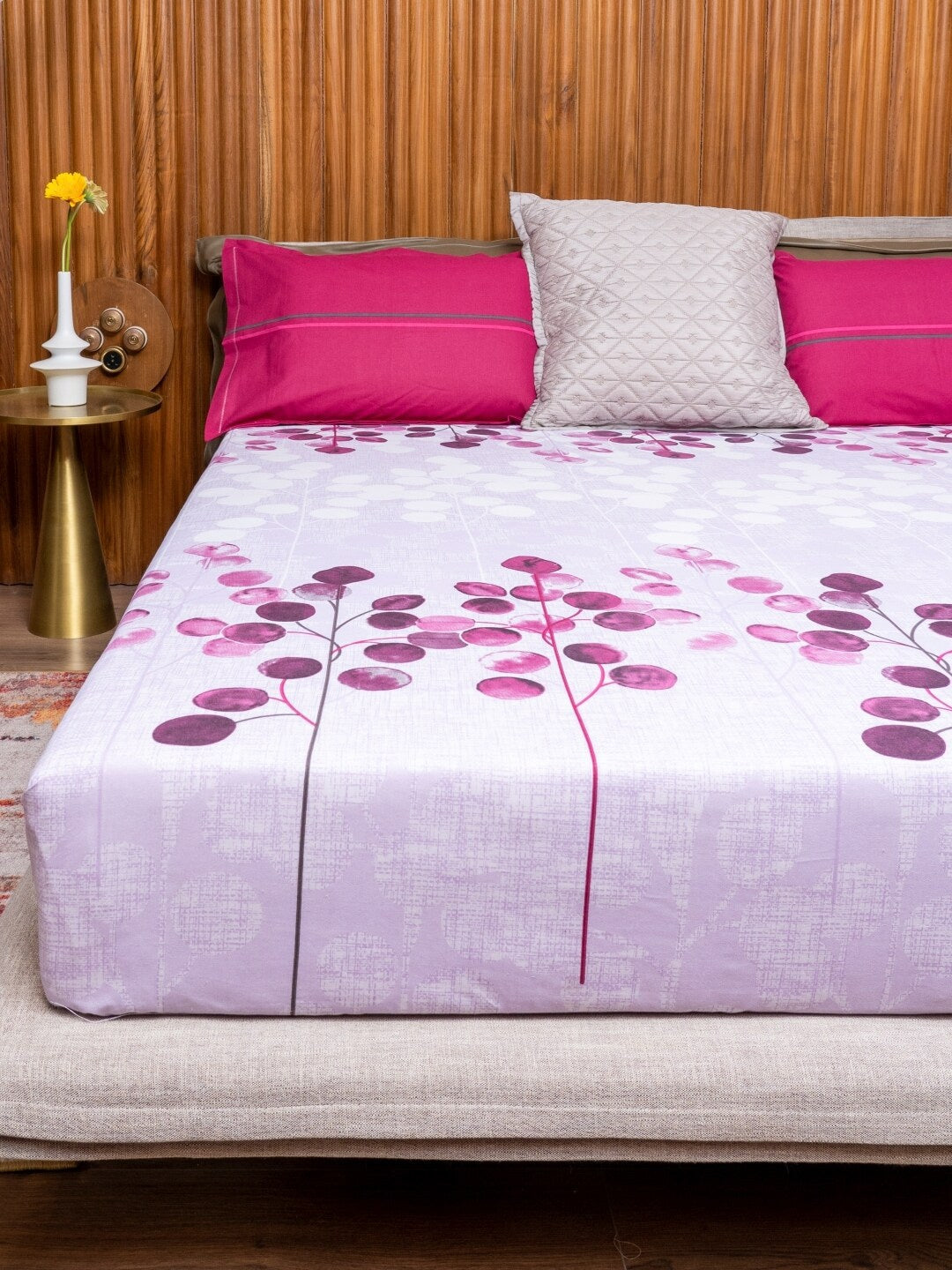 URBAN SPACE Divine Purple Floral 144 TC Pure Cotton Queen Bedsheet With 2 Pillow Covers 