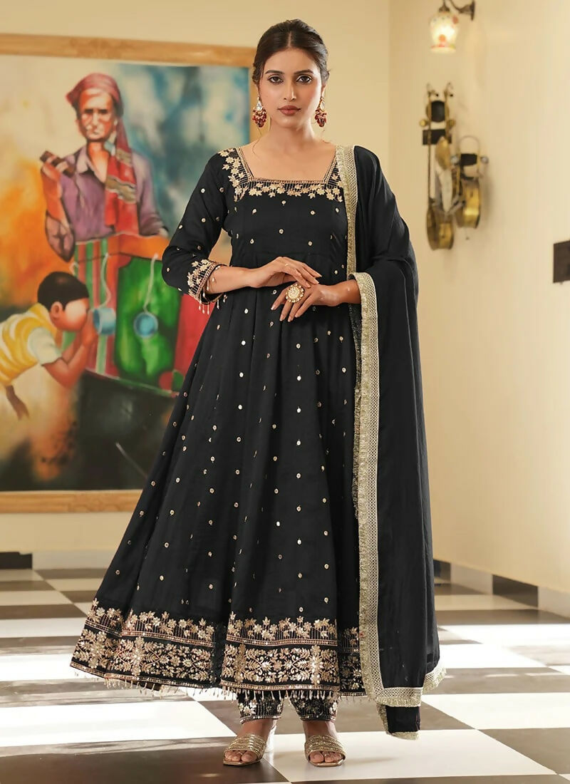 Teeya Creation Black Color Pure Vichitra Silk Embroidery Work Party Wear Gown