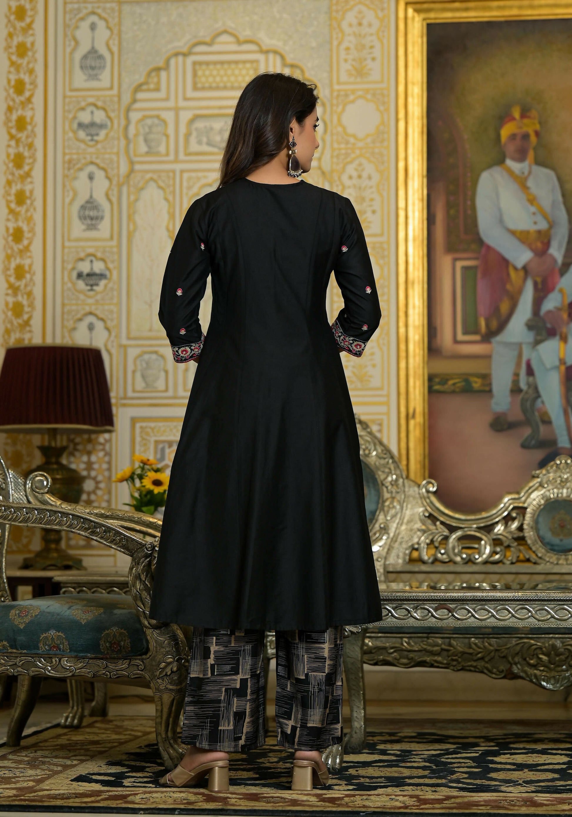 Juniper Women's Black Thread Embroidered Viscose Kurta Pant And Dupatta Set With Abstract Printed Pants