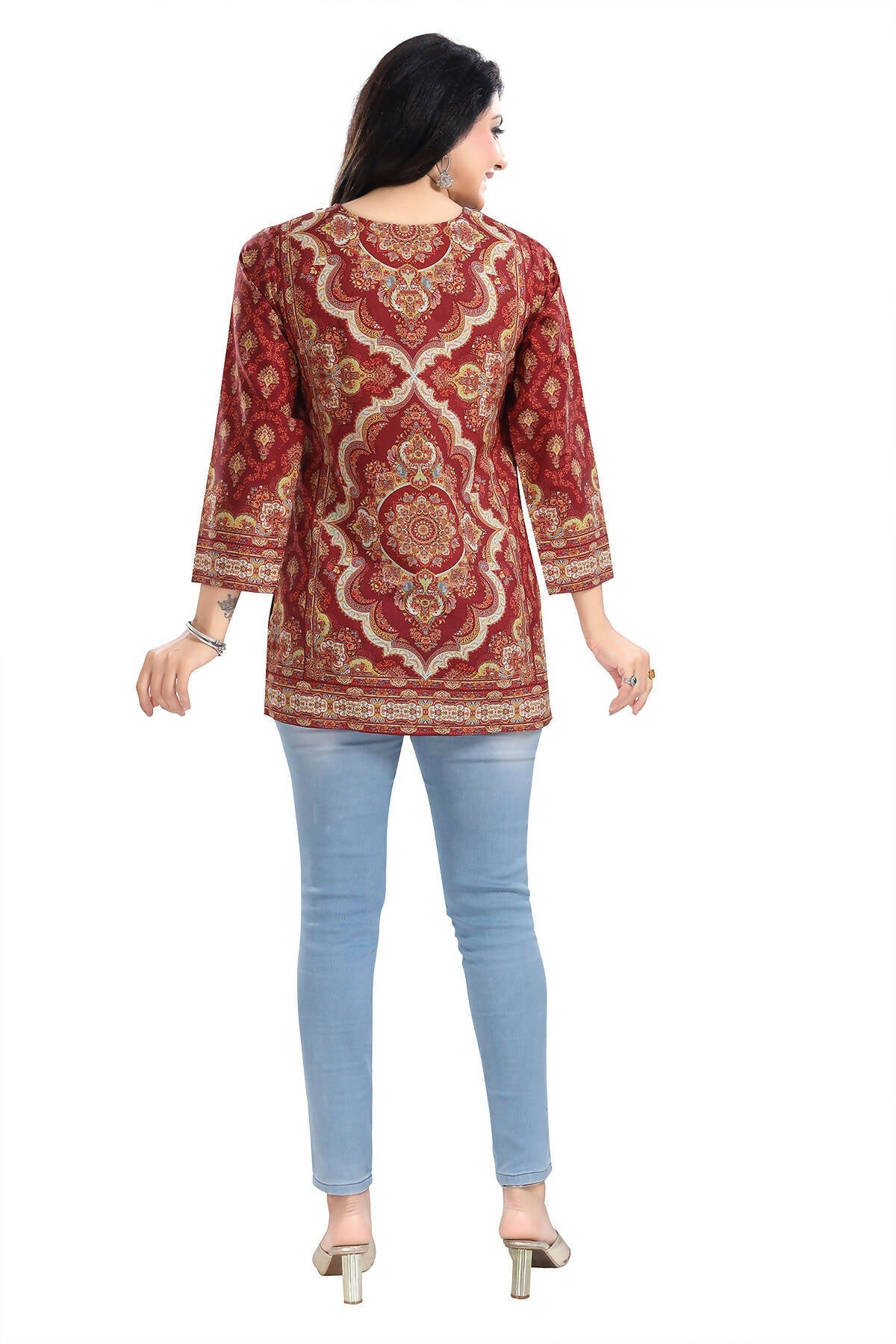 Snehal Creations Magical Maroon Printed Short Kurti Tunic Top
