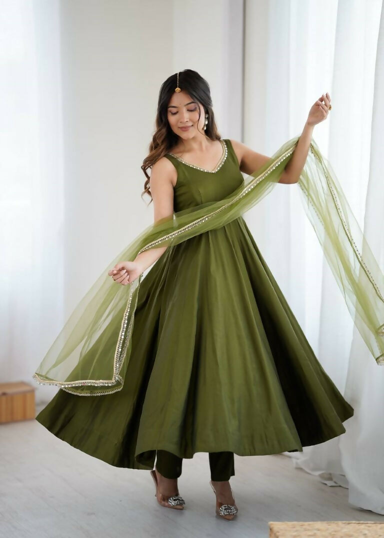 Teeya Creation Green Color Pure Roman Silk Mirror Lace Party Wear Gown