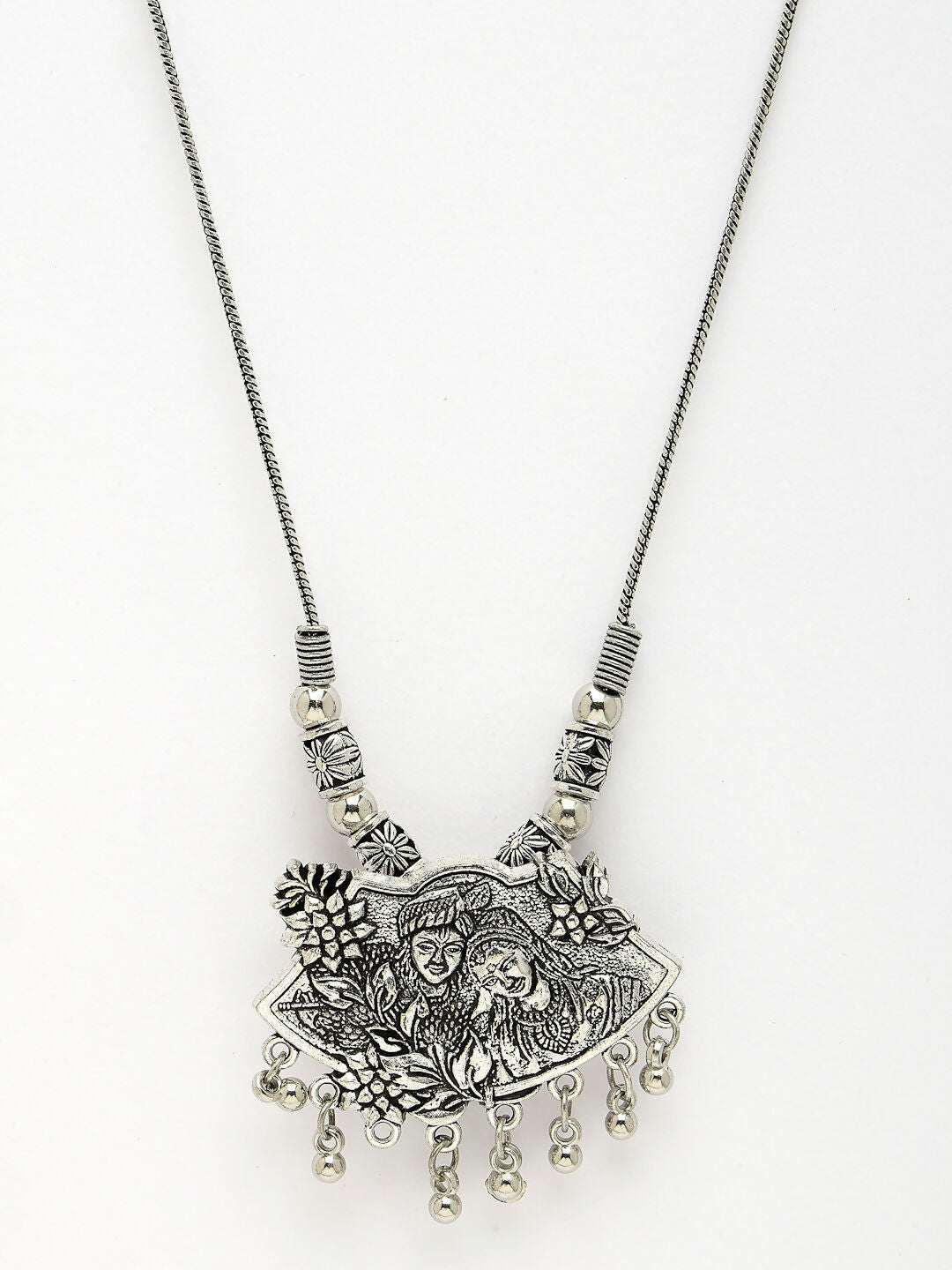 NVR Women's Silver-Toned Radha Krishna Pendant with Chain 