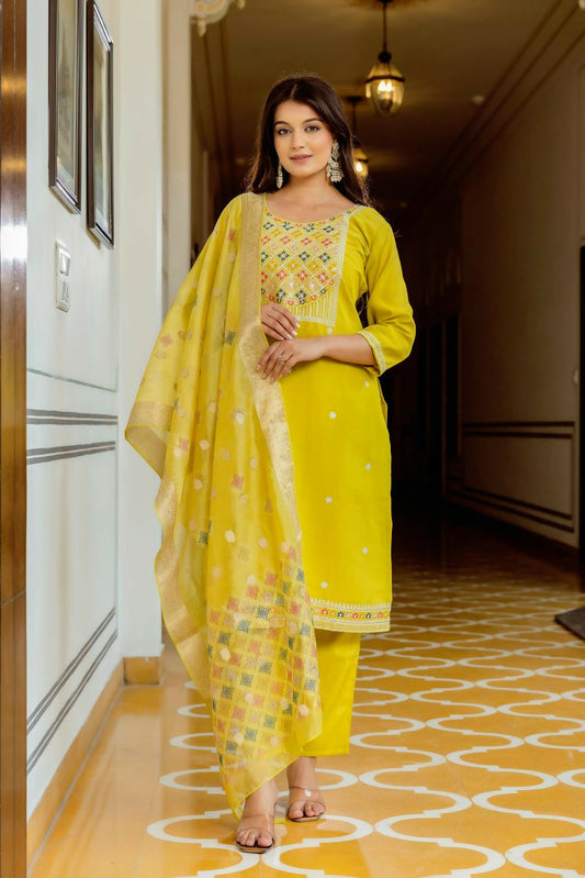 The52 Yellow Women's Beautiful Embroidered Viscose Shimmer Fabric with Straight Kurta, Pant and Dupatta Set | Grab2Buy