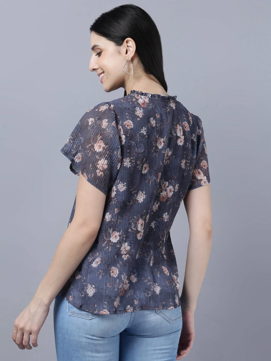 Myshka Women Charcoal Grey Peach-Coloured Floral Print Tie-Up Neck Georgette Top