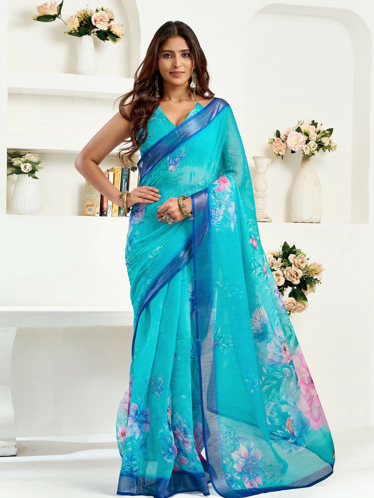 Joban Fashion Turquoise  Floral Linen Ready To Wear Saree With Unstitched Blouse