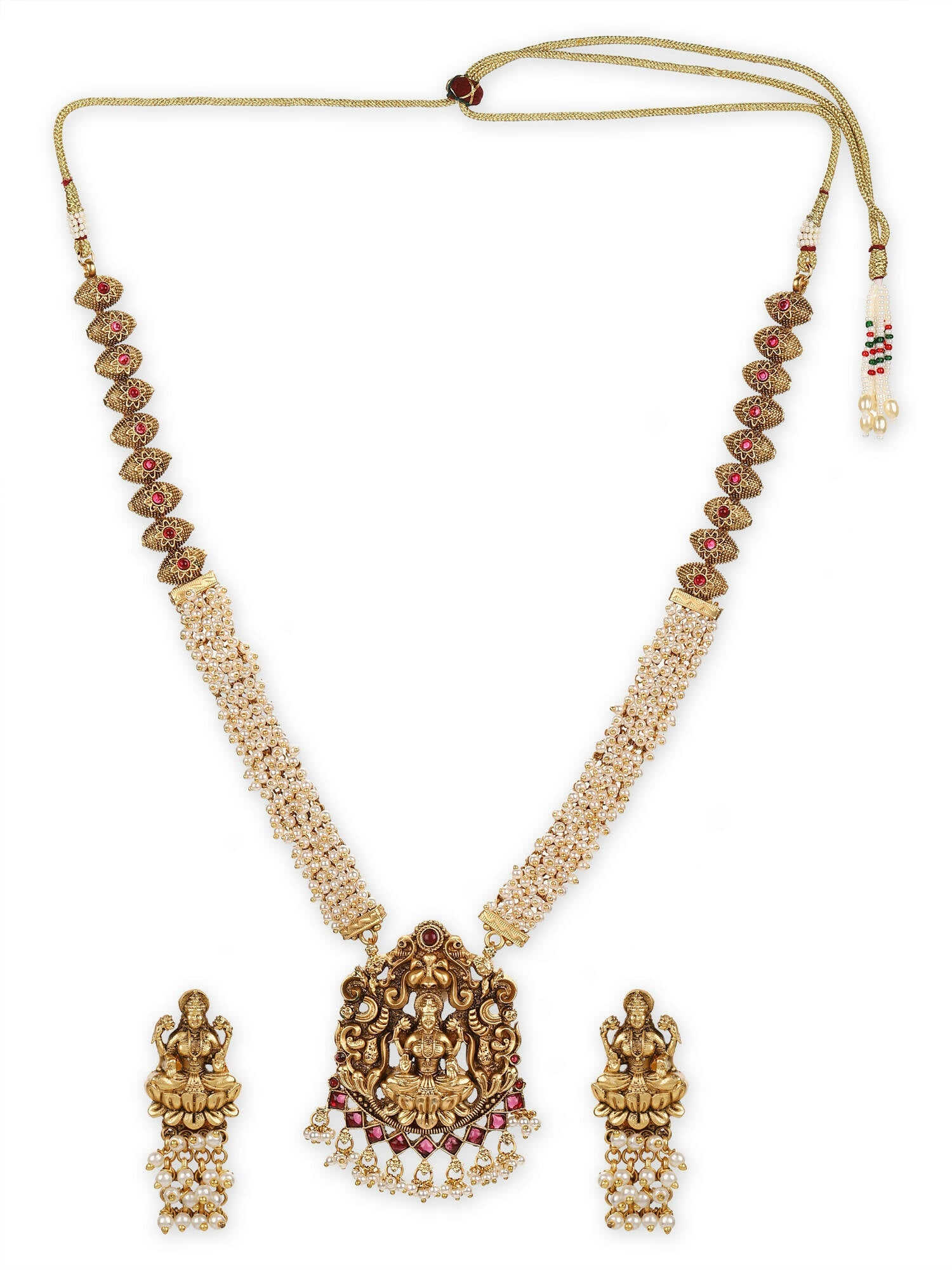 Gold-Plated Pink White Stones-Studded Beaded Jewellery Set - Ruby Raang - Grab2buy
