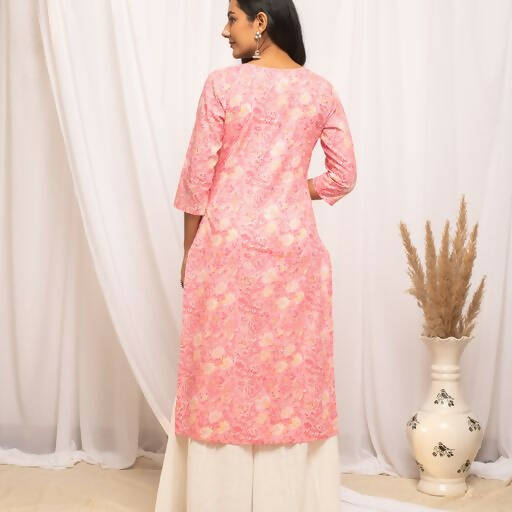 FIORRA Women's Floral Printed Peach Cotton Straight Kurta 