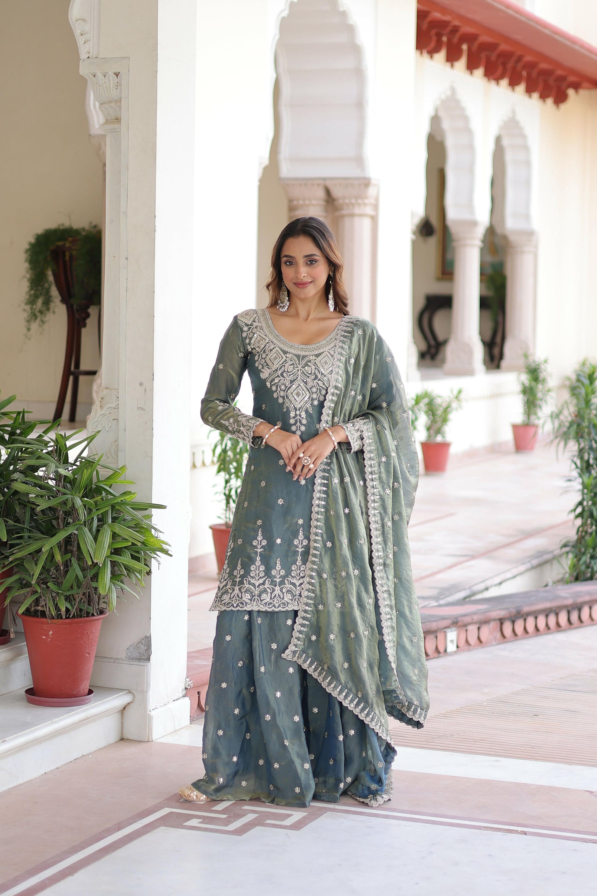 Joban Fashion Grey Readymade Kurta Set With Sequence embroidery Work