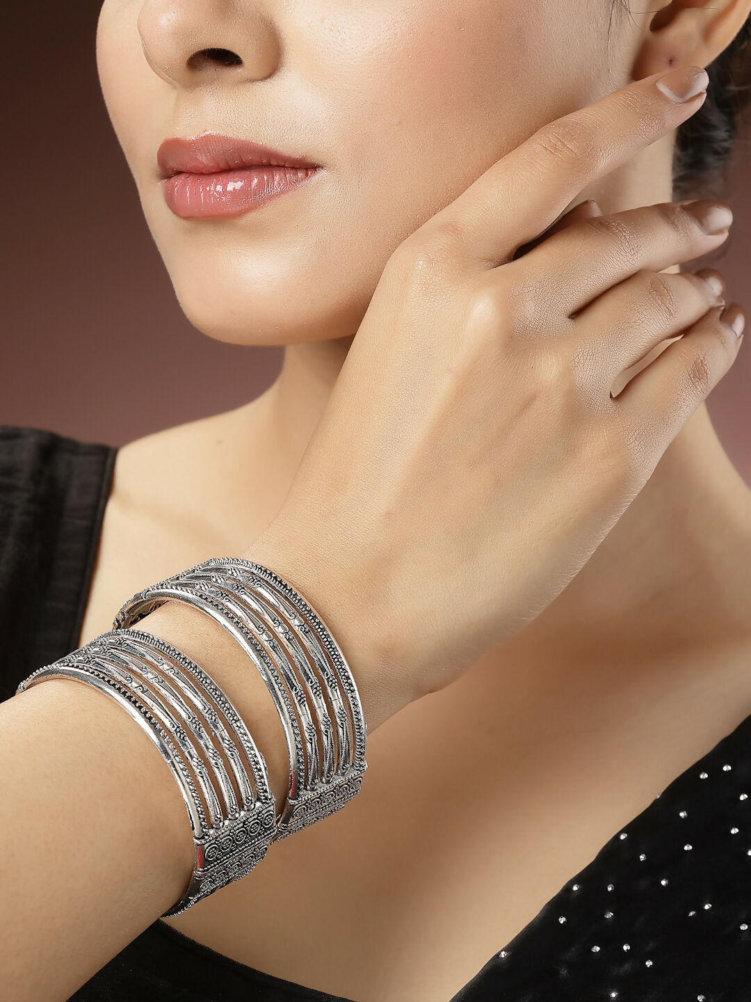 NVR Women's Set of 2 Silver-Toned German Silver Oxidised Kada Bangle | Grab2Buy
