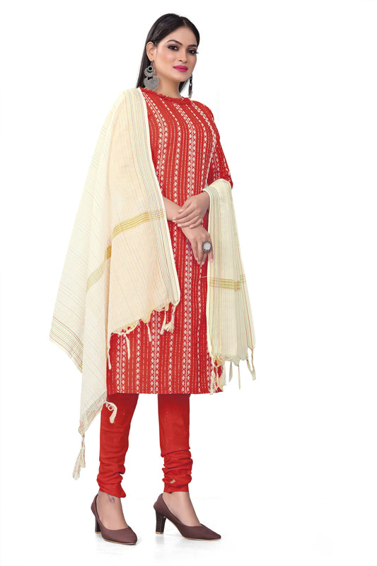 Red Cotton Jacquard Woven Unstitched Dress Material - Amara