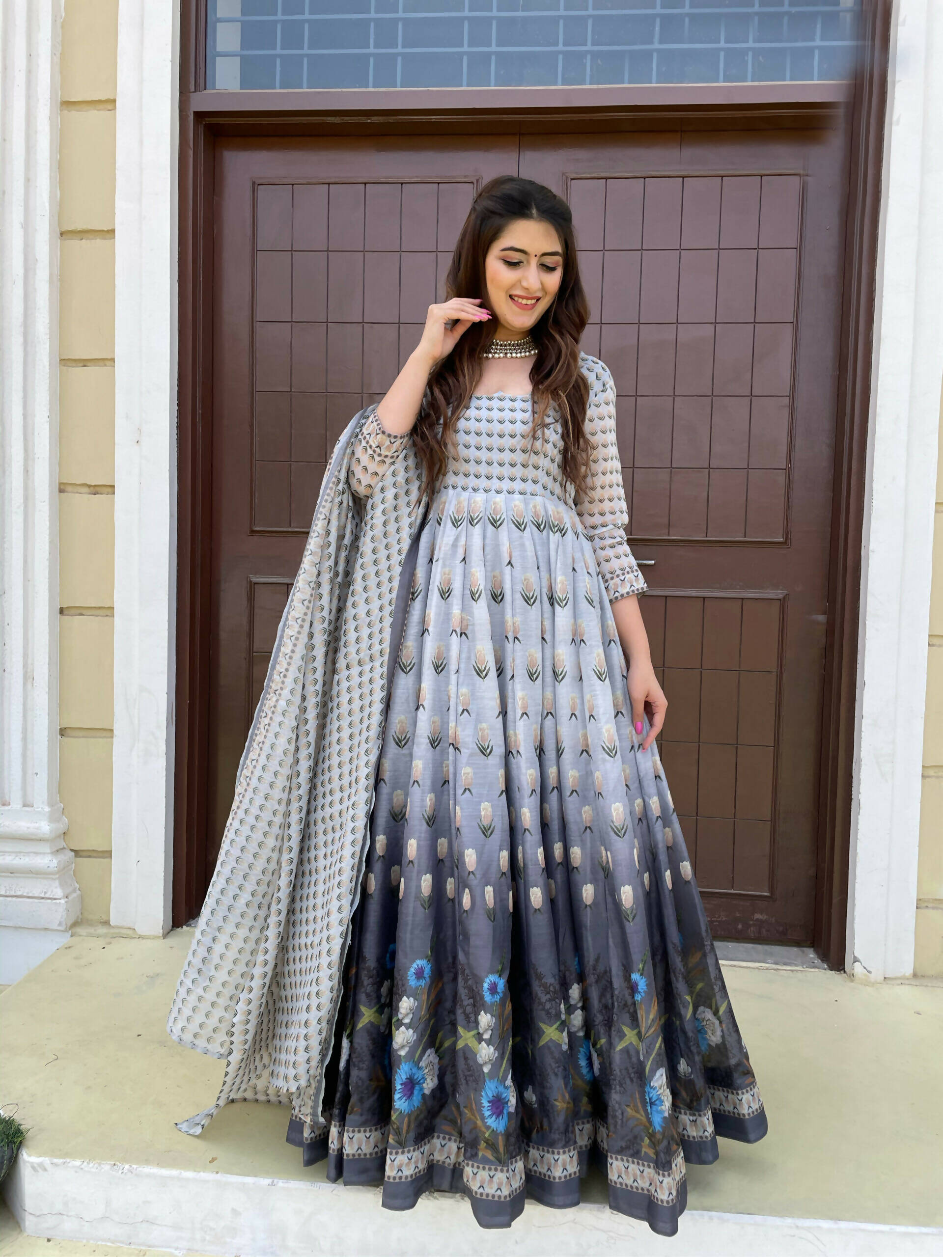 Partywear Designer Gray Chanderi Suit - Anbazaar