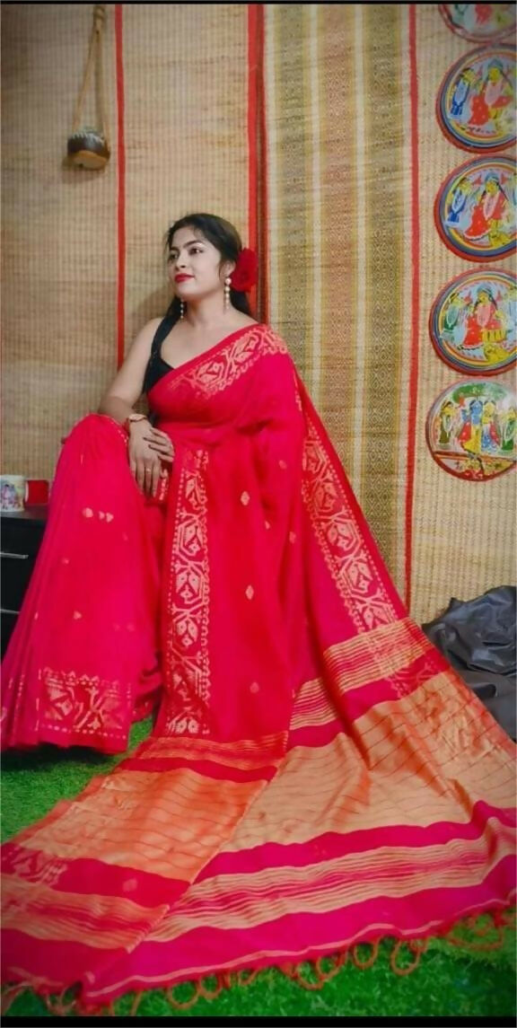 Exclusive Collection Beautiful Red Pure Cotton Woven Handloom Grab2Buy With Running Blouse Piece 
