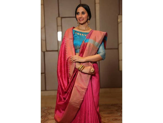 Aastha Fashion Women's Pink Raw Silk Temple Zari Woven Saree with Blouse - Grab2buy