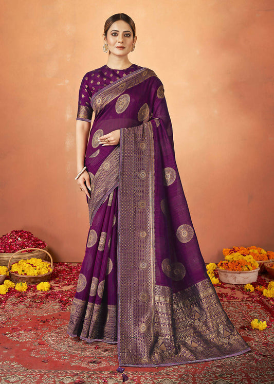 Purple Kanjivaram two tone Silk Woven Design Saree With Unstitched Blouse Piece - Norita Royal Pradha