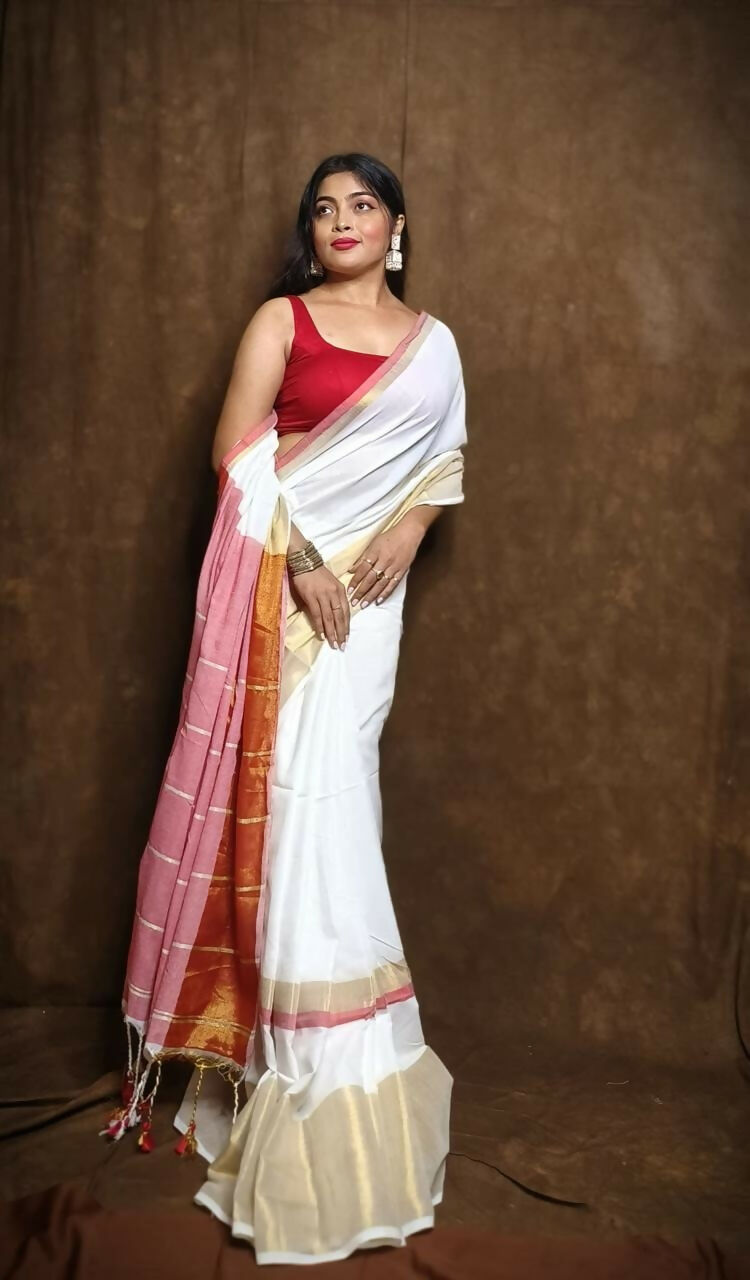 Exclusive Collection White Red Pure Cotton Handloom Gorgeous Grab2Buy 