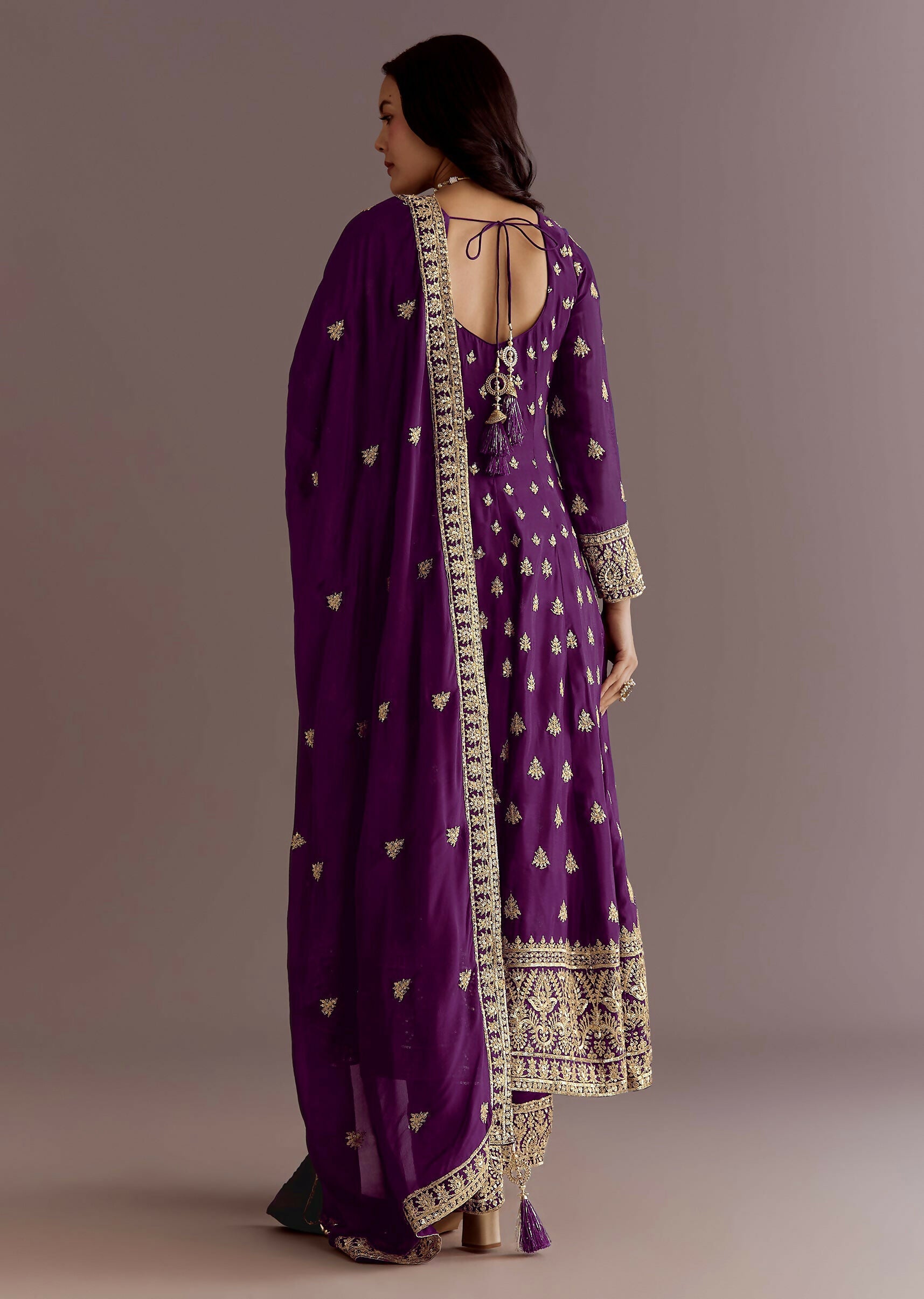 Teeya Creation Wine Color Chinon Silk Embroidery Work Wedding Wear Gown