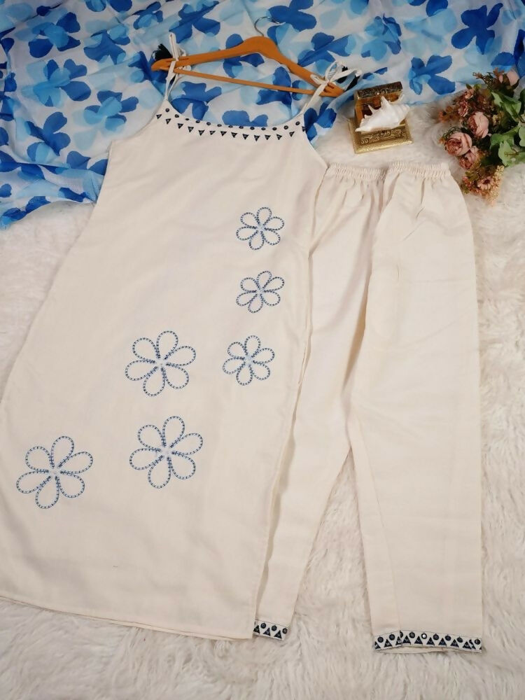Teeya Creation Women’s Off-White Straight Cotton Kurta Pant Set with Floral Organza Dupatta Set