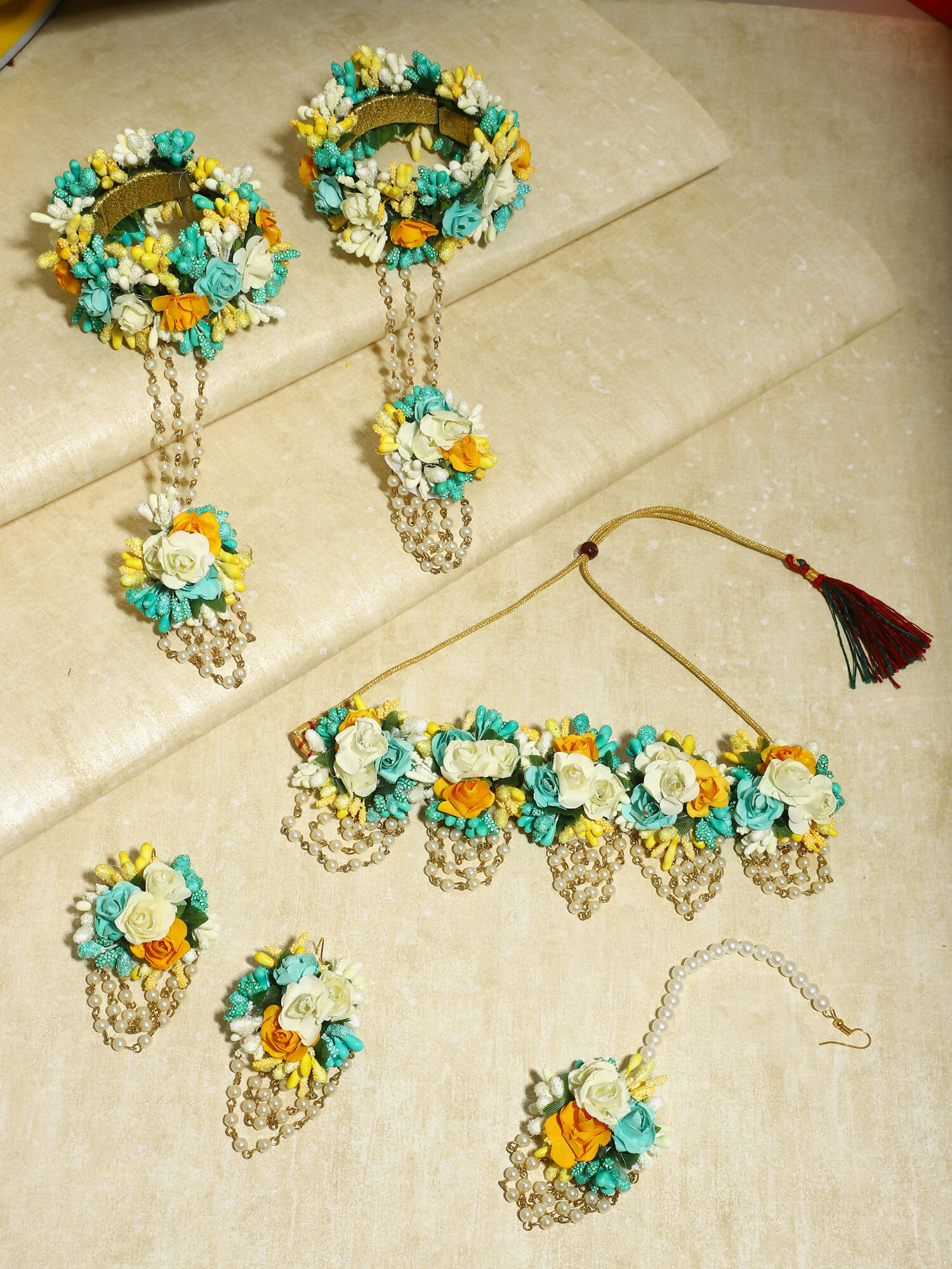 Flower Jewellery Gold-Plated Turquoise Blue Floral Jewellery Set - Ruby Raang - Grab2buy