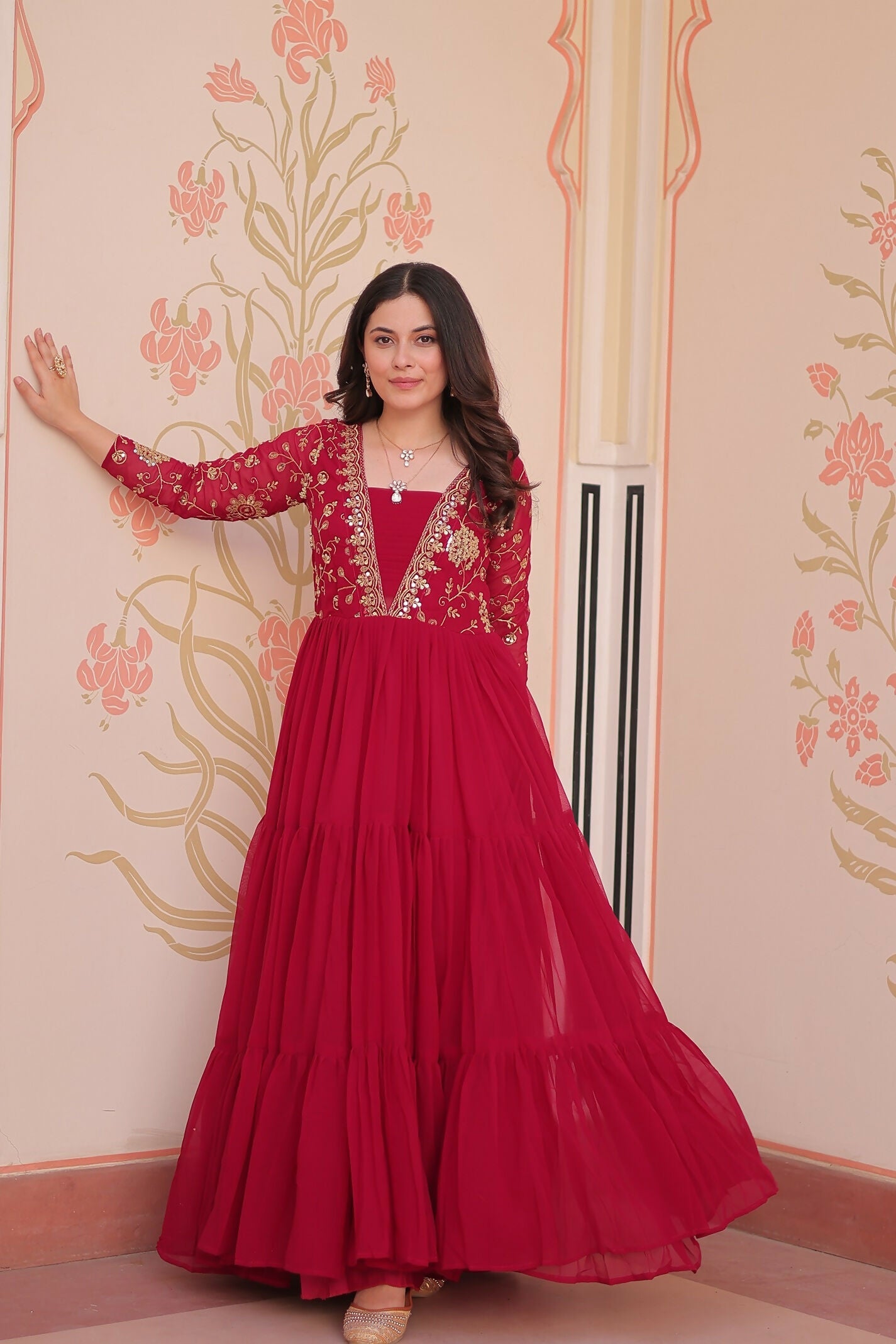 Joban Fashion Pink Georgette Sequence Embroidery Work Dress