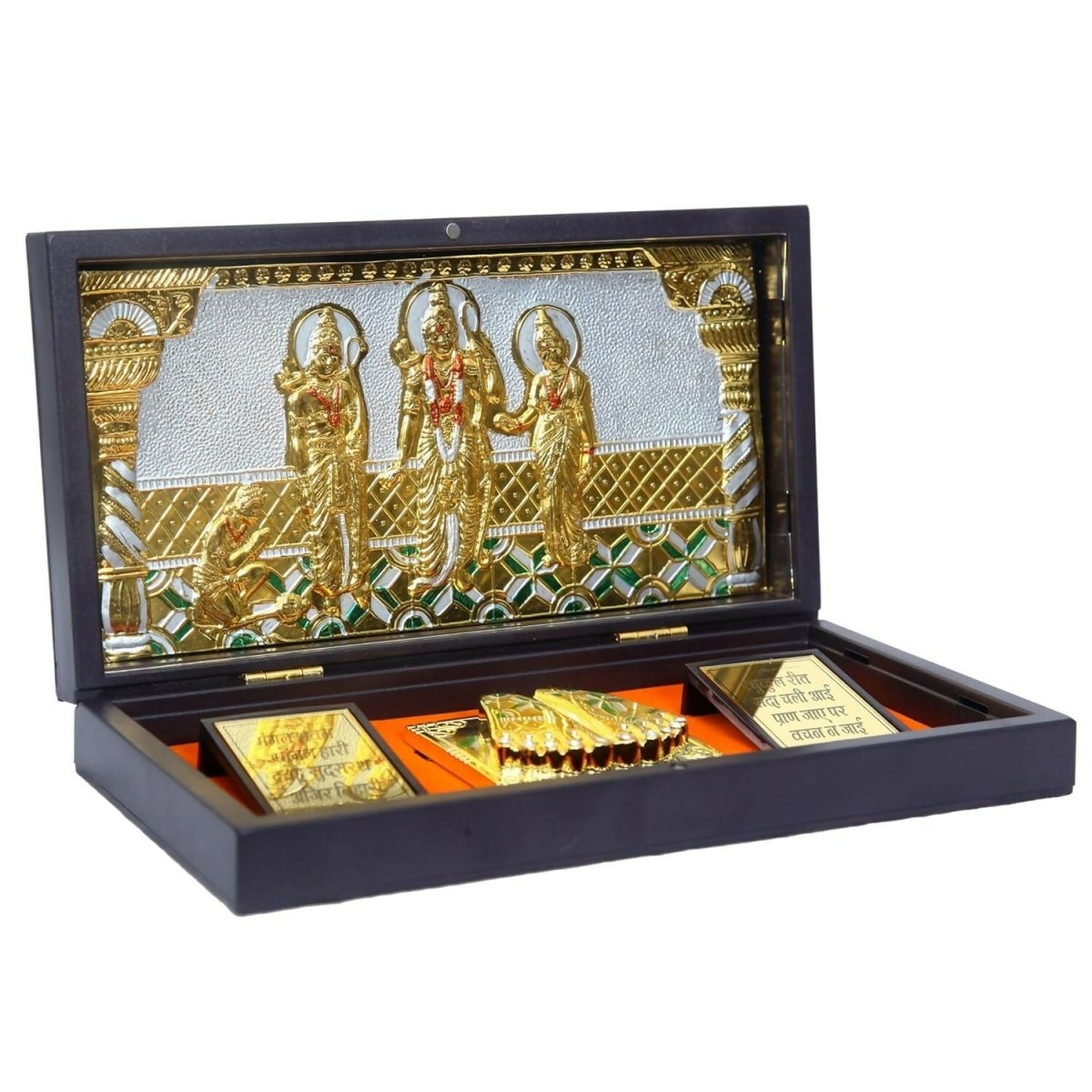 Anciently Ram Darbar Pocket Temple Box With Charan Paduka Rectangle Shaped, Gold-Polished 