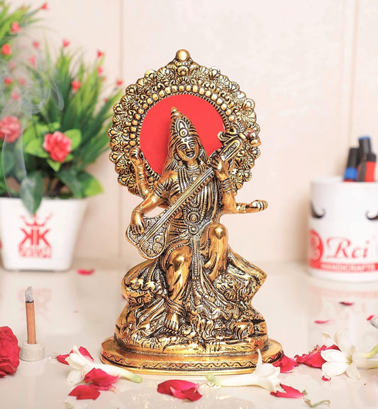 KridayKraft Gold-Polished Maa Saraswati Metal Statue 