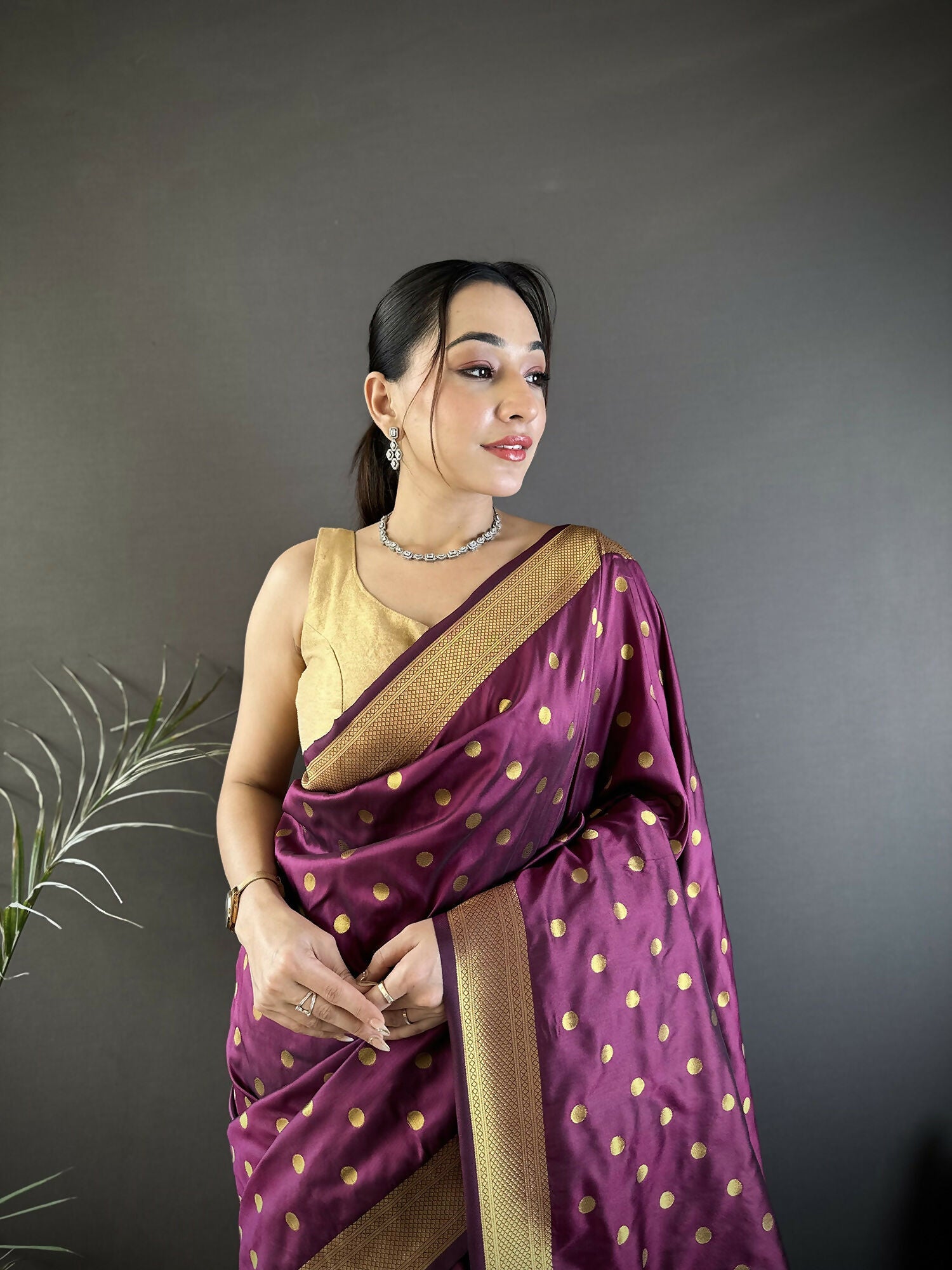 Joban Fashion Wine Polka Dot Lichi Silk Paithani Silk Saree
