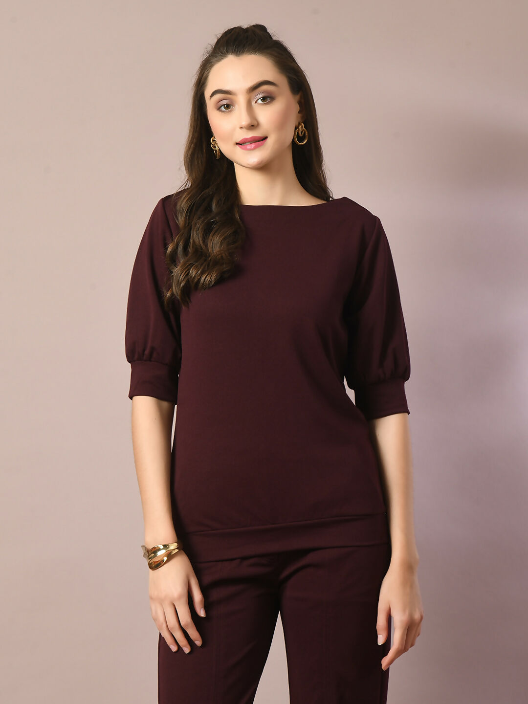 Myshka Women's Coffee Brown Solid Boat Neck Party Top