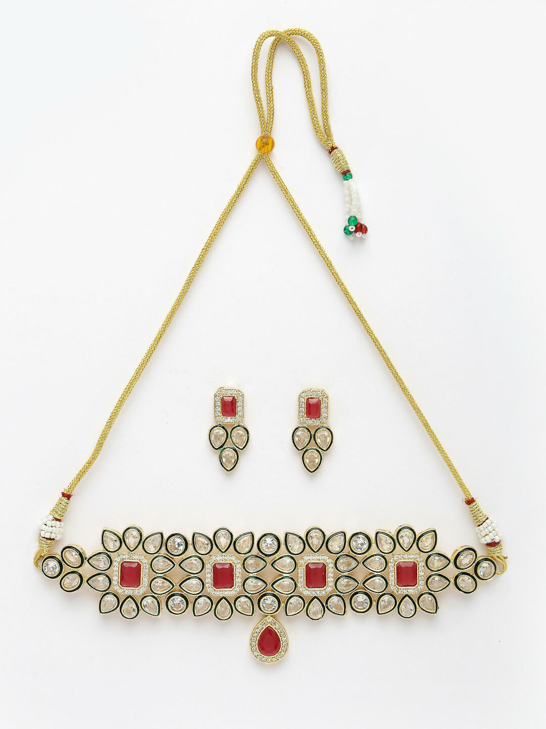 NVR Women's Red & Gold Kundan Studded Handcrafted Choker Jewellery Set - Grab2buy