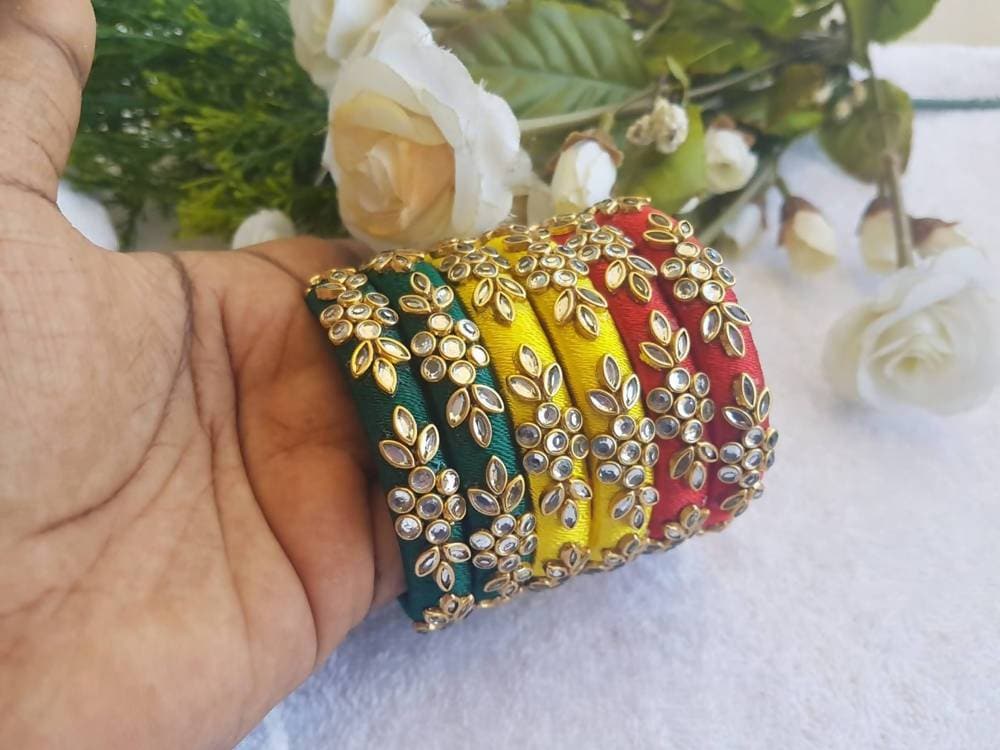 Green, Yellow and Red Silk Threaded Stone Bangles Sets 