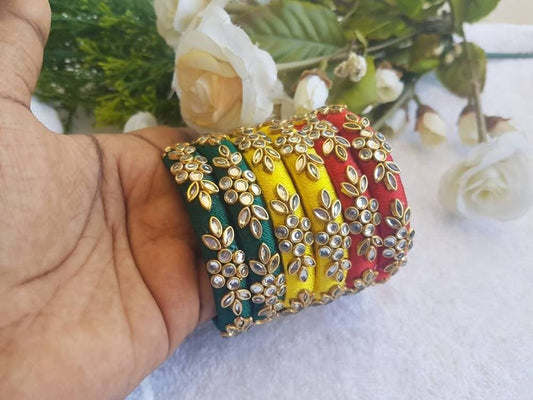Green, Yellow and Red Silk Threaded Stone Bangles Sets 