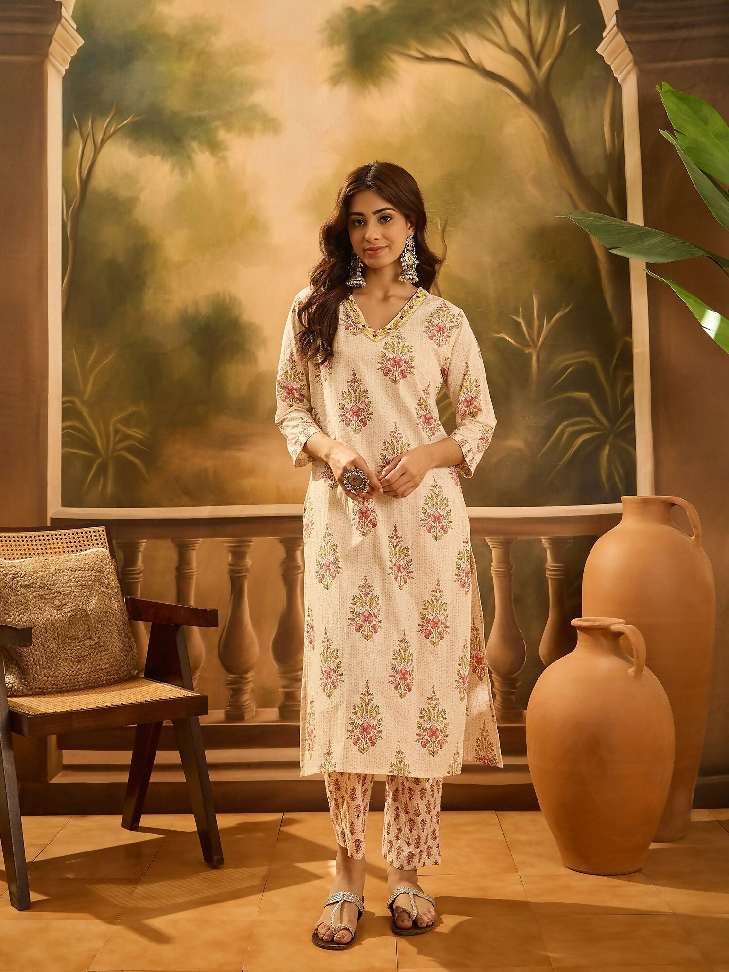 Joban Fashion Printed Cream Pure Cotton Kurta Set