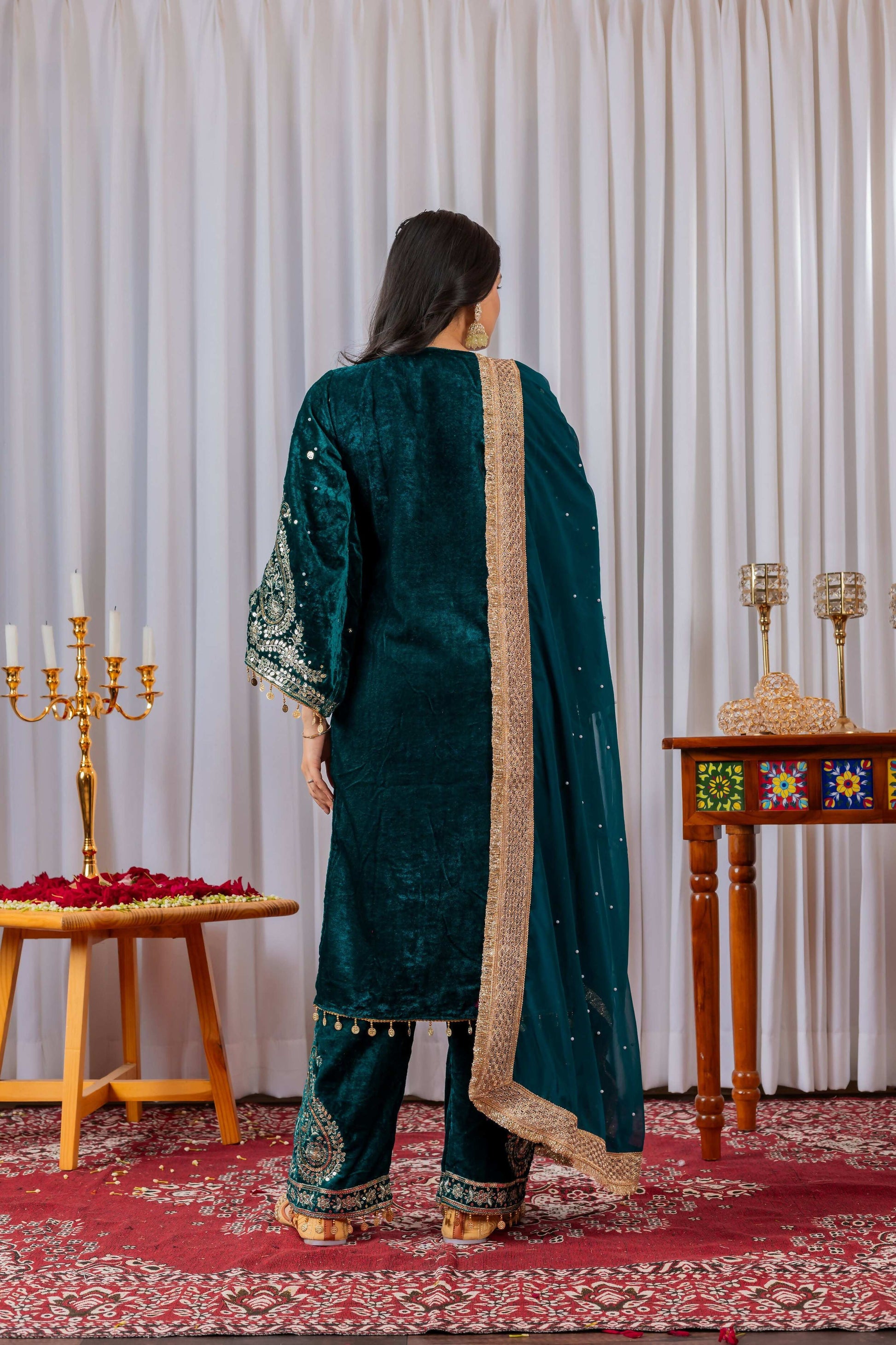Teeya Creation Teal Color Velvet Silk Embroidery Work Party Wear Suit