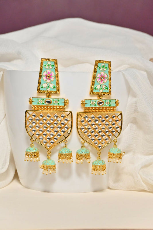 Green Traditional Gold-Polished Meenakari Jhumka Jhumki Earrings Indian Jewellery For Women Girls By House of Ree