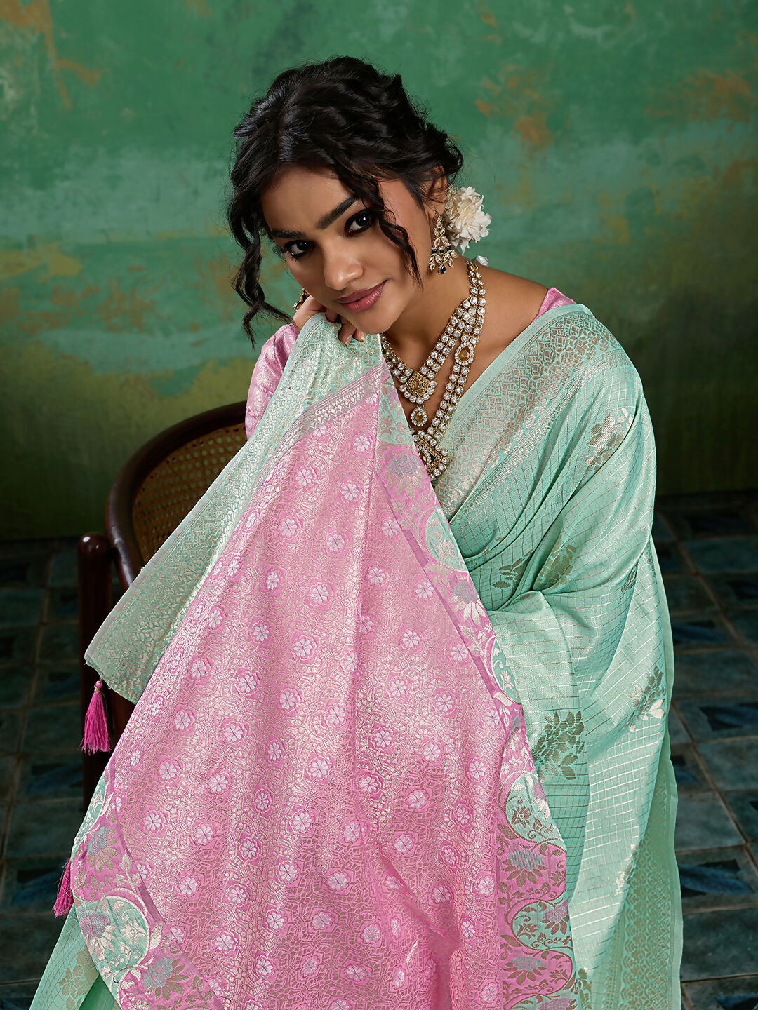 Shree Shyam Fashion Rama Green Linen Cotton Saree