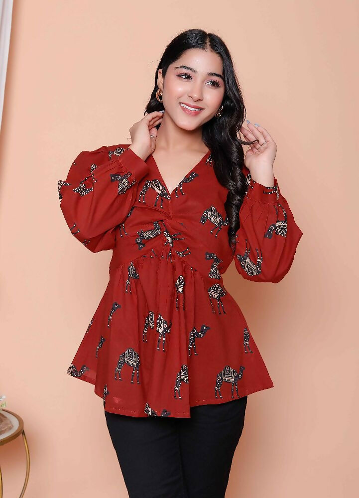 Miravan Womens Brown Animal Printed Balloon Sleeves V Neck Butterfly Top