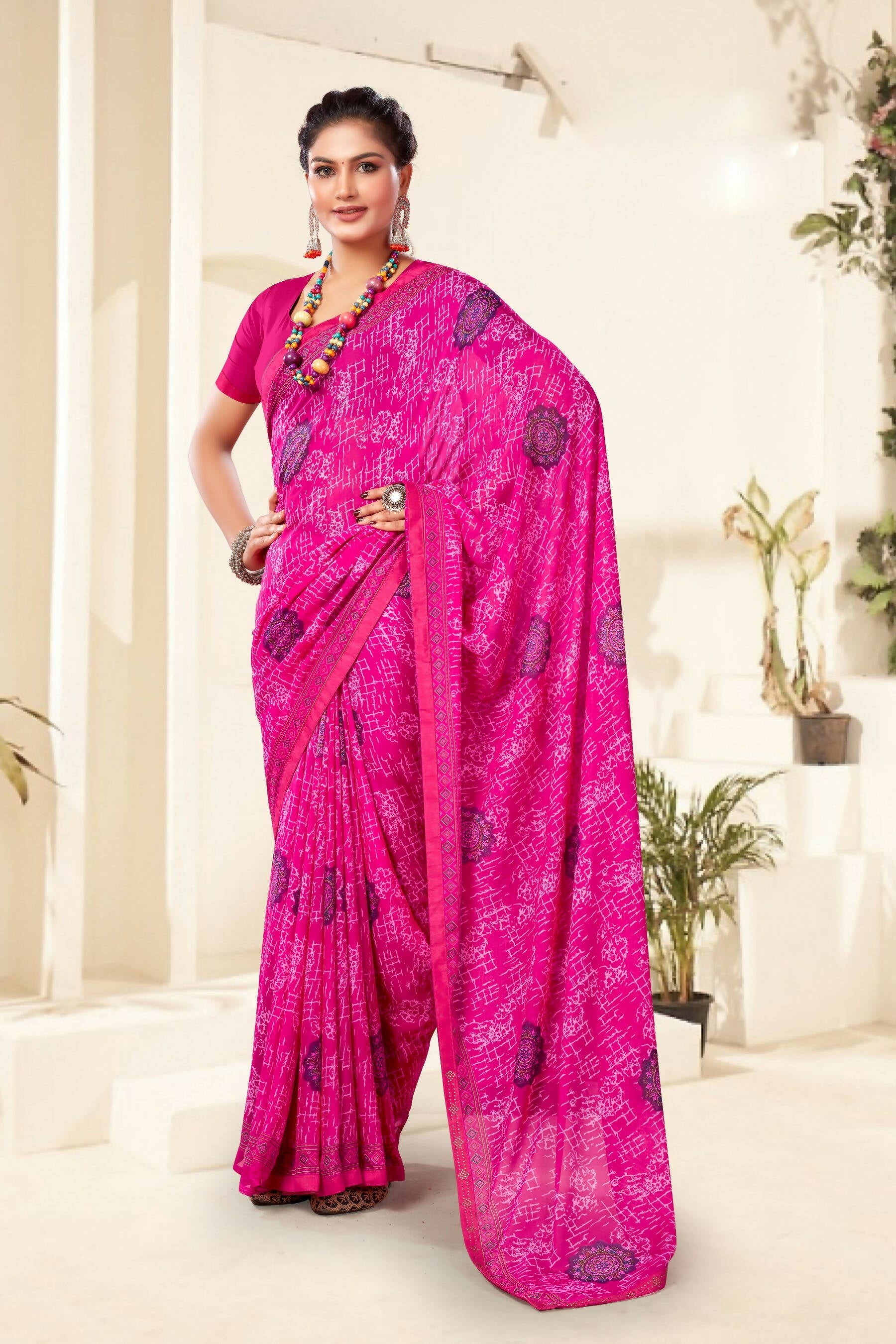 Purple Georgette Texture Printed Saree with Unstitched Blouse Piece - Akansha