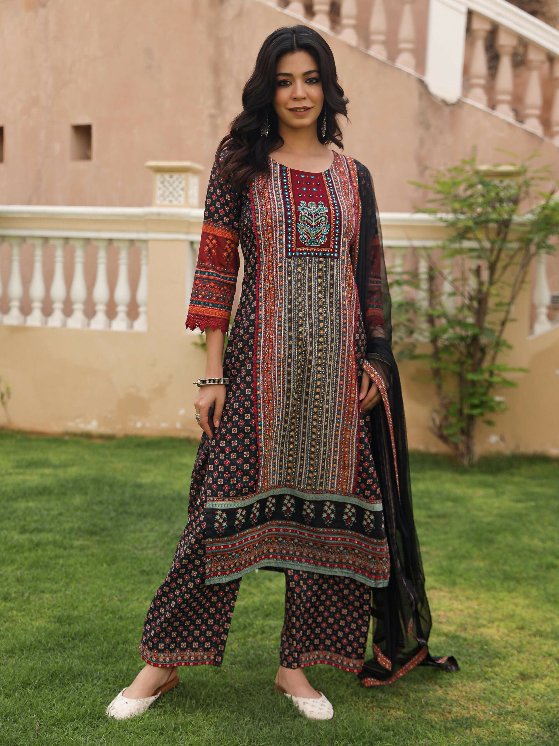 Juniper Women's Black Ethnic Motif Printed Rayon Kurta Palazzo And Dupatta With Mirror & Thread Work