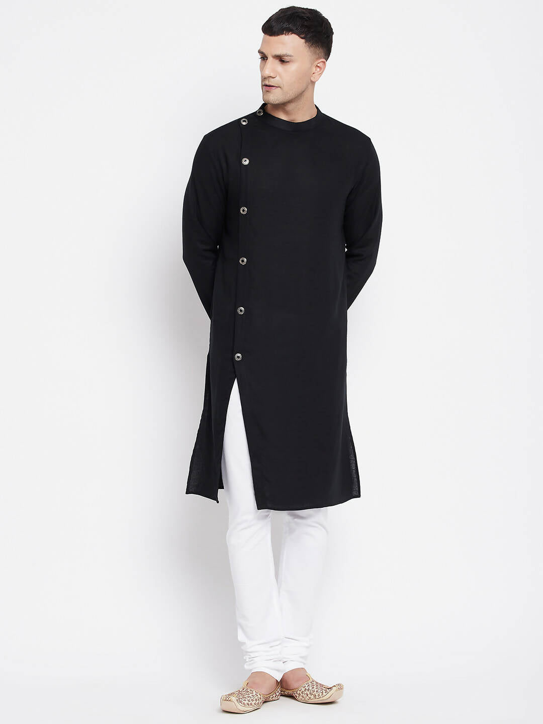 Even Apparels Black Pure Cotton Men's Sherwani Kurta With Asymetrical Cut 