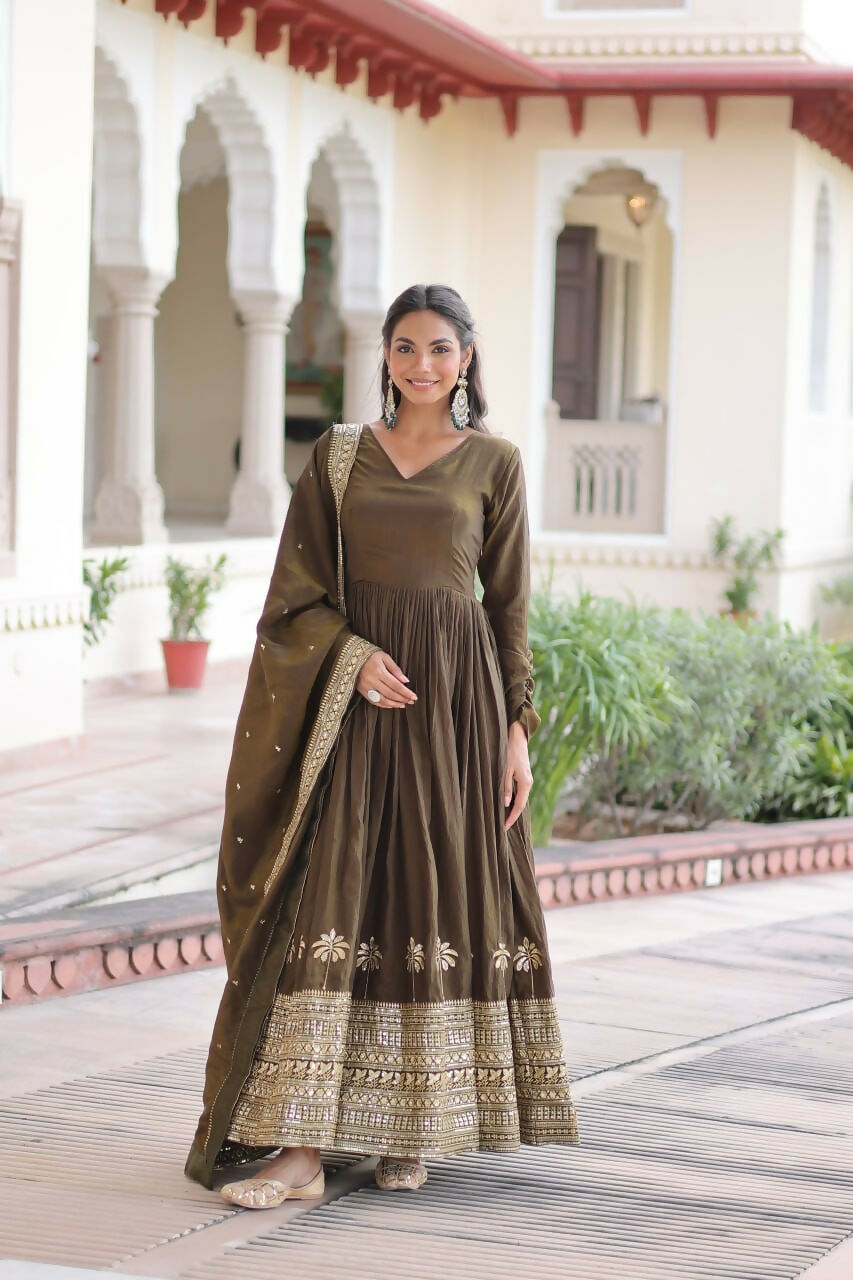 Teeya Creation Womens New Fancy Vichitra Silk With Rich Sequins Embroidered Work Gown Set
