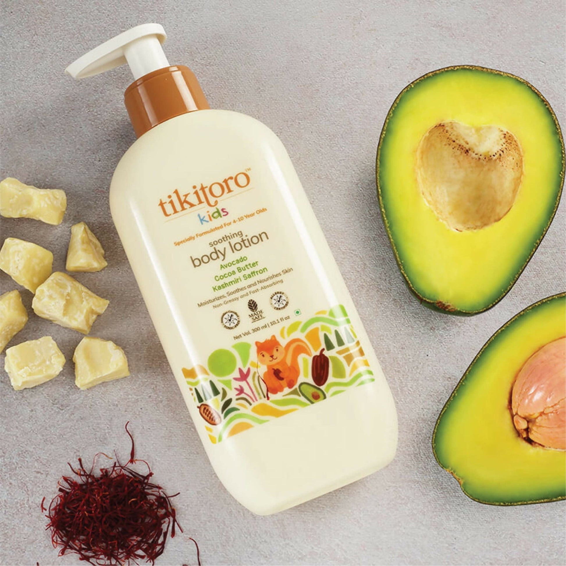 Tikitoro Kids Soothing Body Lotion 100% Vegan with Avocado, Cocoa Butter, Kashmiri Saffron Extract, Moisturizes, Soothes & Nourishes Skin  Grab2Buy Tikitoro Grab2Buy