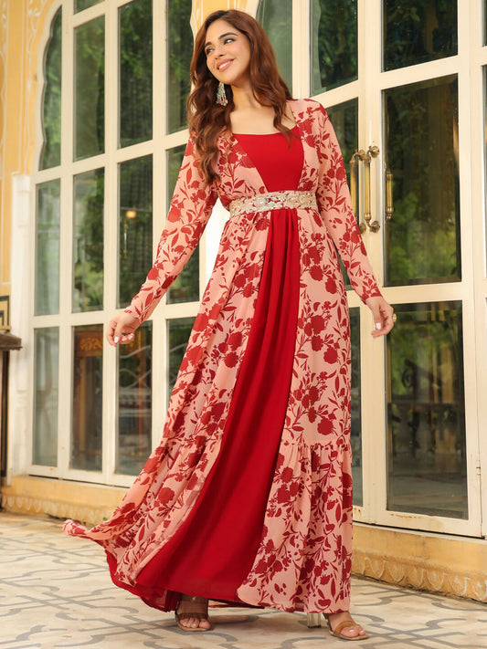 Janasya Maroon Georgette Solid Dress & Jacket 