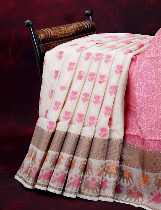 Combo of Cream and Pink with Floral Buttes Banarasi Munga Kota Saree By Gayathri Reddy Designer Studio - Grab2buy