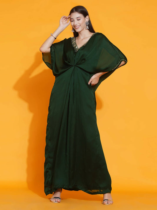 Women Republic Green Georgette Hand Embellished Kaftan Style Gown - Grab2buy