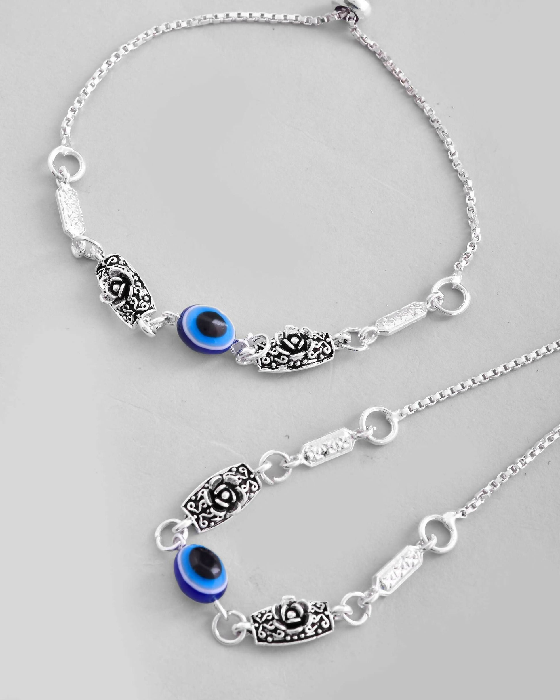 VOJ Set of 2 Silver Plated Flower And Evil Eye HandCrafted Anklet 