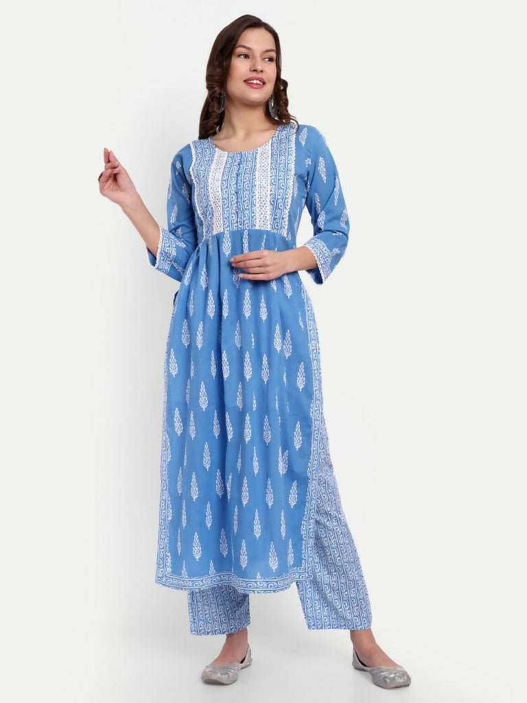 Alvano Printed Naira Cut Kurti with Pant set for Women and Girls Cotton (Blue)
