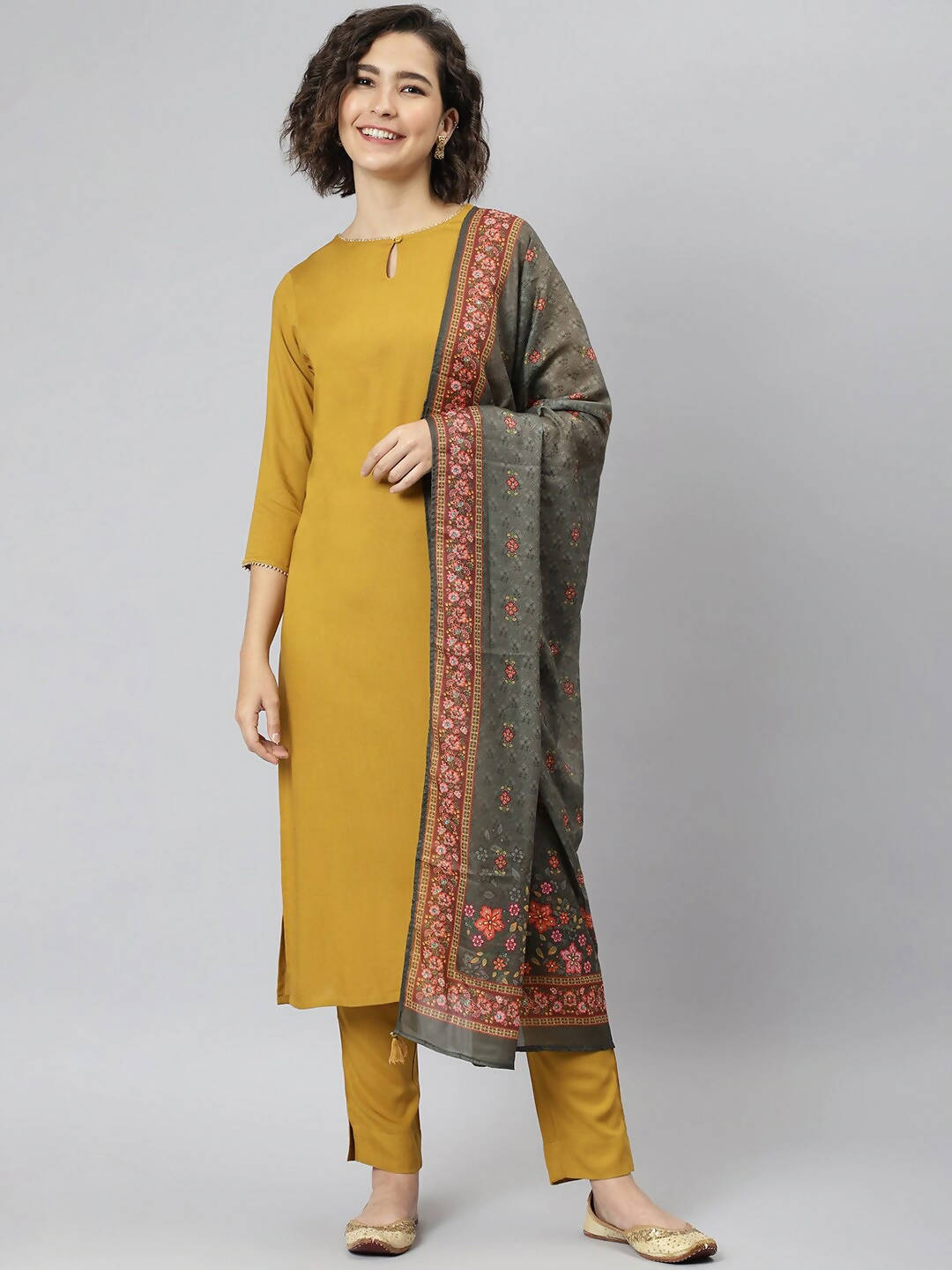 Janasya Women Mustard Yellow Regular Gotta Patti Kurta with Trousers & With Dupatta