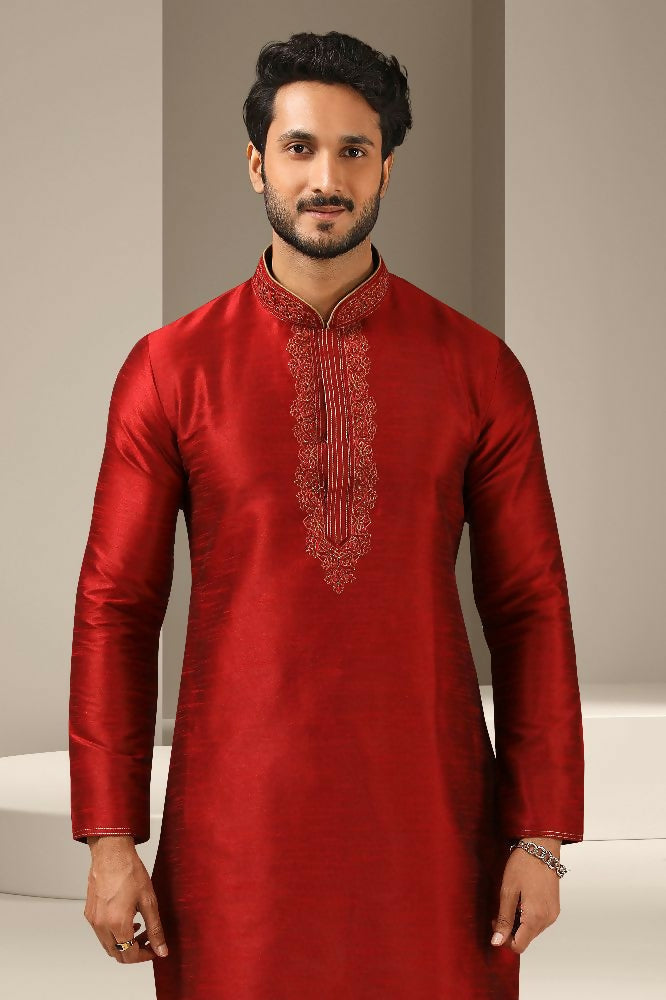 Raivat Ethnic Banarasi Art Silk Thread Work Kurta Pajama In Maroon Colour